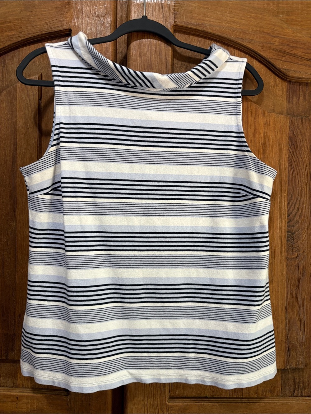 Talbots White and Navy Striped Sleeveless Mock Neck Top